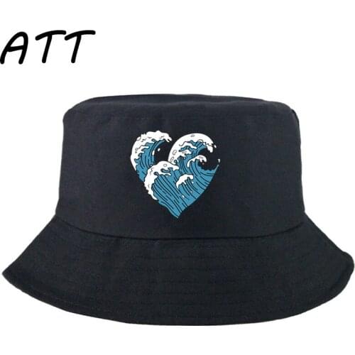 Black Japanese wave Bucket Hat Unisex Hip Hop Gorros Men Women Summer Panama Cap Beach Sun Fisherman Hats Cotton Sunhat boys gir