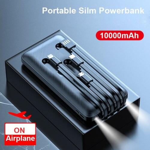 Protable External Battery Power Bank 10000mAh Double Flashlight Built-in USB Type C Cable Phone Charger Power bank