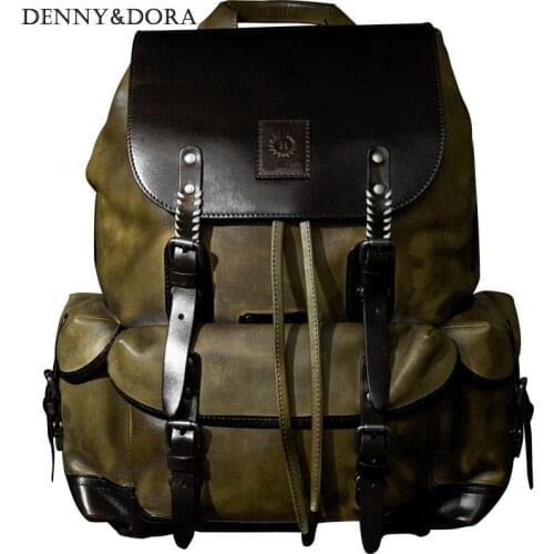 Luxury Mens Cow Leather Backpack Travel Bag Large Capacity Retro Leather Bag Simple Military Style
