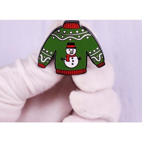 Christmas Green Sweater Pin Brooch Cute Winter Snowman Badge Happy Christmas Stocking Stuffer