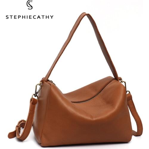 SC Fashion Genuine Leather Hobo Shoulder Bags For Women Solid Color Casual Bucket Handbags Ladies Luxury Cowhide Crossbody Purse
