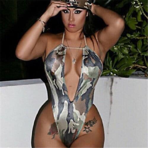 Sexy Women Camouflage Swimsuit Bodysuit Deep V Neck Halter Monokini Swimwear Jumpsuit Backless Summer Bathing Suit Beachwear