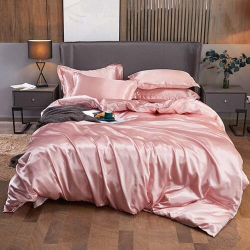 Papa&Mima Light Pink Solid Satin Linens Flat Sheet Fitted Sheet Duvet Cover Artificial Silk Bedding Set Twin Double Size