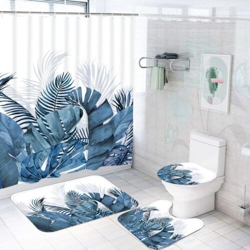 Blue Plants Shower Curtains Set Waterproof 3D Leaves Bathroom Curtain Anti-skid Rugs Toilet Lid Cover Bath Curtain with Hooks