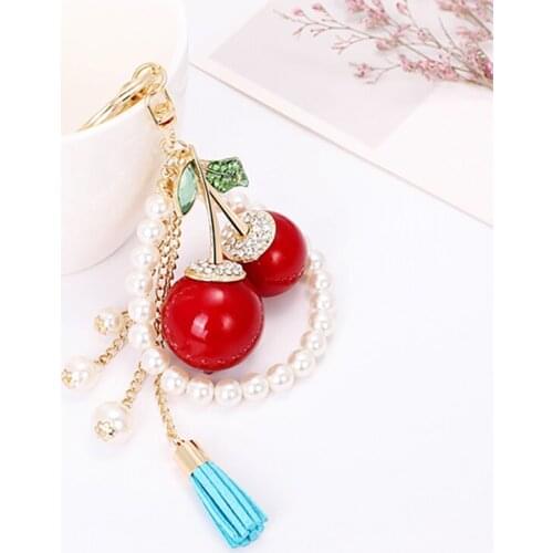 Pearl Necklace Small Tassel Pendant Key Chain Ornaments with Red Fruit Cherry Key Chain Ornaments Tie-in