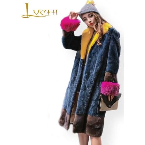 Stylish Winter 2019 female jacket colorful elegant long real mink fur coats polo collar raccoon dog sleeve new Womens clothing