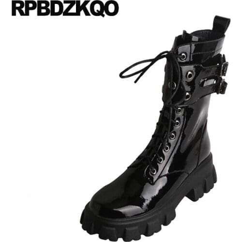 Round Toe High Heel Front Lace Up Casual Ankle Boots Autumn Biker Block Combat Chunky Shoes Women Military Motorcycle Martin