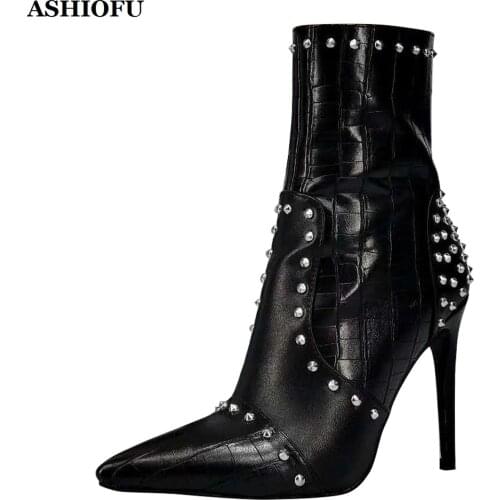 ASHIOFU 2020 New Ladies High Heel Boots Real Photos Rivets Studdeds Pointy Ankle Booties Large Size Evening Fashion Short Boots
