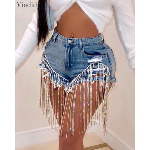 Women Beads Studded Tassel Zipper Denim Shorts Sexy Street Style Fringe Hem Ripped Pockets Shorts