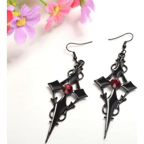 Women Gothic Earrings Punk Style Cross Pattern Metal Red Rhinestone Ear Pendant Free Shipping