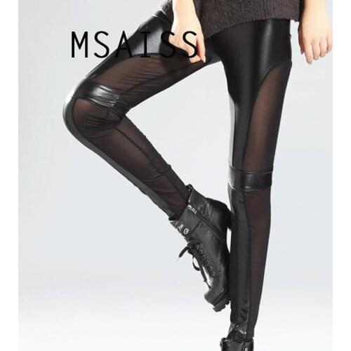 MSAISS Black Legins Punk Gothic Fashion Women Leggings Sexy PU Leather Stitching Hollow Lace Legging Women Leggins