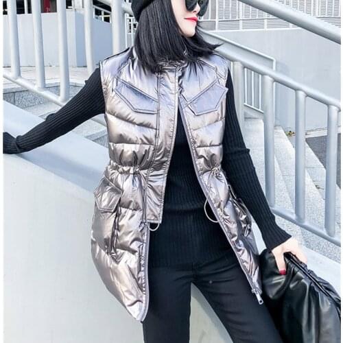 Winter Glossy Cotton Padded Stand-collar Womens Vest Jacket Slim Sleeveless Ladies Waistcoats Warm Casual Solid Female Outwear