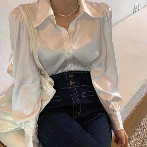 2021 New Loose Silk Satin Womens Tops Shirts Blouses Button Up Puff Sleeve Office Solid Shirt Women White Blouse Blusas Mujer