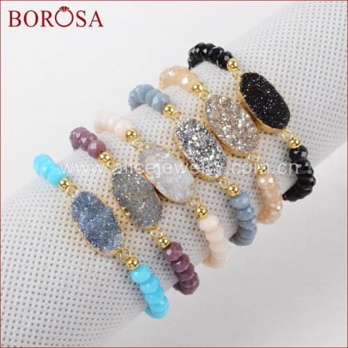 BOROSA 5PCS Gold Color Oval Shape Natural Crystal Druzy Titanium Rainbow Druzy With Glass Faceted Beads Drusy Bracelets G1282