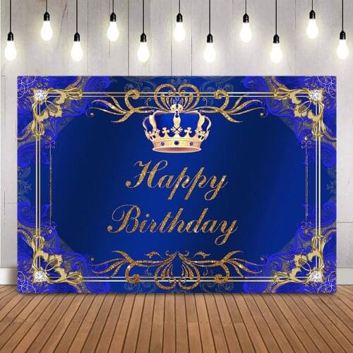 Happy Birthday Prince Backdrop Blue Gold Glitter Photo Background Blue Crown Newborn Kids Birthday Party Decoration Photocall