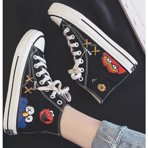 Cartoon Printed Canvas Sneakers Women Shoes Fashion Casual Vulcanized Flat Trainers Female Student Platform High Top Espadrilles