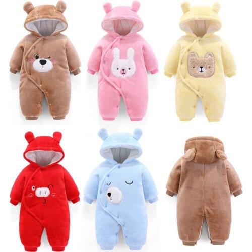2020 Cute Thicken Warm Hooded Winter Autumn Infant Kid Clothing Cartoons Baby Boy Cotton Romper 0-1 Year Newborn Girls Jumpsuit