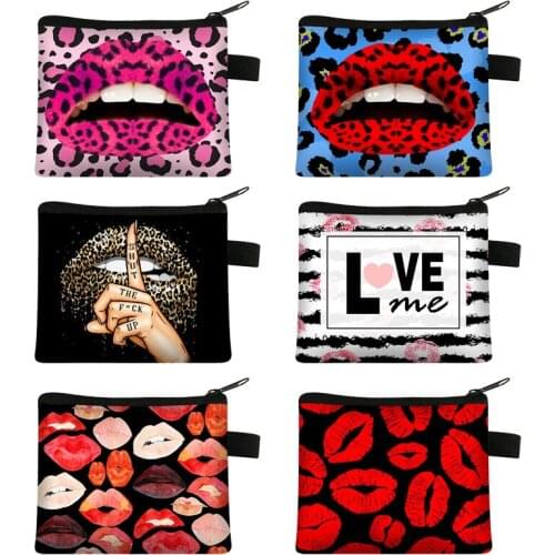 Leopard Red Lips Coin Purse Fashion Women Mini Wallet Money Card and Keys Holder Bag Ladies Lipstick Organiser Bag