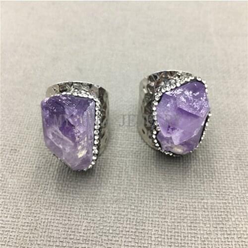 Purple Crystal Quartz Rings,Natural Stone Amethysts Druzy Rings with rhinestone Paved for women MY0303