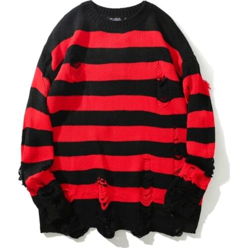 Man Top Pullover High Street Retro Punk Rock Hombre Red and Black Stripes Sweater Men Loose Hole Tassel Wool Sweater Pull Homme
