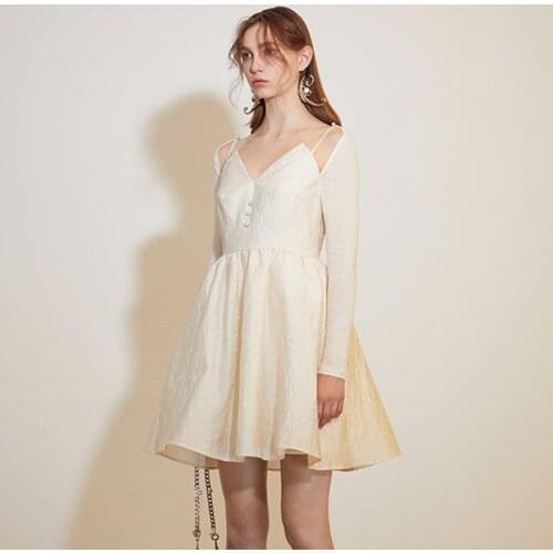 New Year Women Fake 2 Pieces V neck Jarquard Ball Gown 2021 Spring Cold Shoulder Long Sleeve Party BIrthday Dress