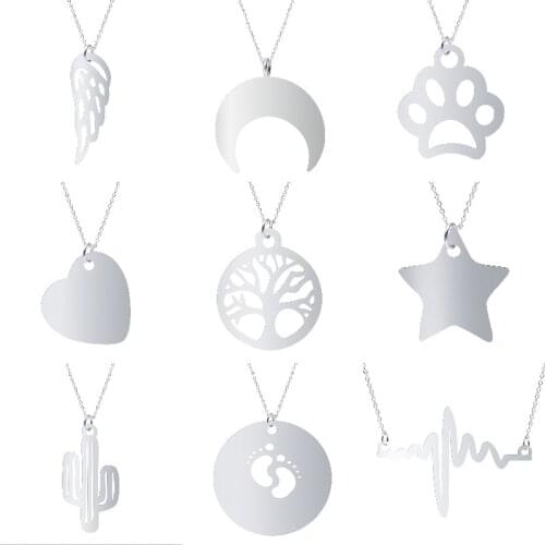 Stainless Steel Feather Flower Cactus Family Tree Charms Necklaces Making Baby Footprint Moon Star Pendant Women Choker Jewelry