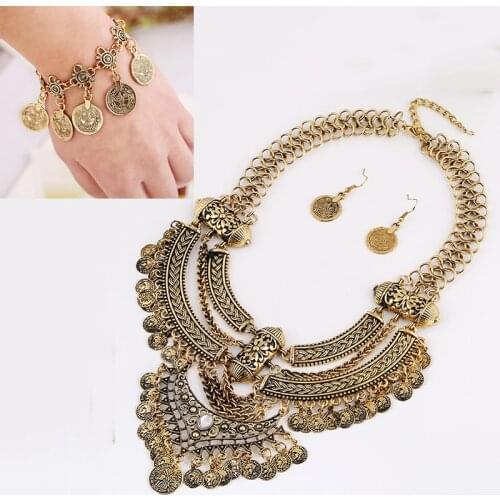 LZHLQ Retro Coin Necklace Collars Earrings Sets Bohemian Chunky Necklace Bracelet For Women Boho Jewelry