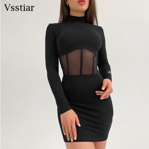 Vestiar 2021 Autumn High Neck Slim Sexy Dress Female New Winter Women Long Sleeve Mesh Patchwork Mini Dresses Vestidos Black