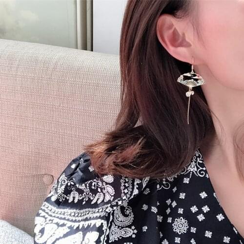 Chinese Style Folding Fan Modeling Crane Cloud Hanging Dangle National Style Earrings For Women Hollow Asymmetric Metal Jewelry