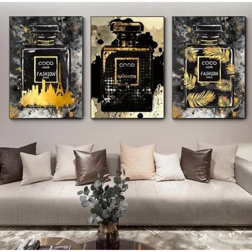 Nordic Gold Black Fashion Perfume Bottle Canvas Painting Dressing Room Wall Art Posters Prints Wall Pictures Home Cuadros Decor