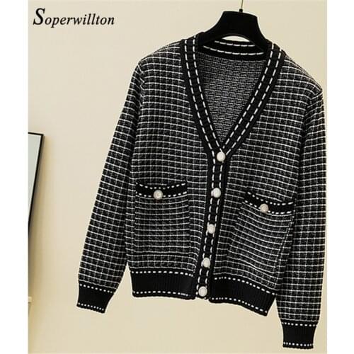 Loose Vintage Female cardigan button thick Plaid Cardigans for Women 2020 Winter Fashion Kintting Womens sweater White Black