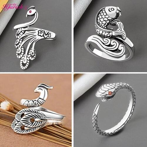 Unisex Adjustable Silver Color Ring Black Snake Ferocious Animal Retro Punk Exaggerated Phoenix Ring Wedding Party Steampunk