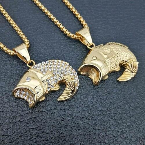 Hip Hop Rock Pave Rhinestone Fish Men Pendant Necklace Bling Gold Color Stainless Steel Necklace Male Jewelry