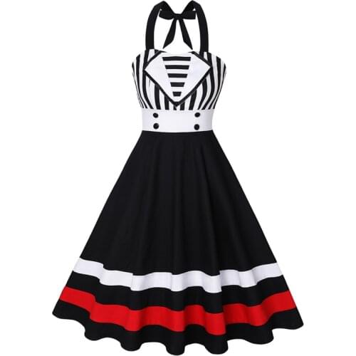 Summer Dress 2019 Color Block Black Striped Women Retro Dress Sexy Halter Vintage Cotton Dress 50s 60s Party Vestidos Robe Femme