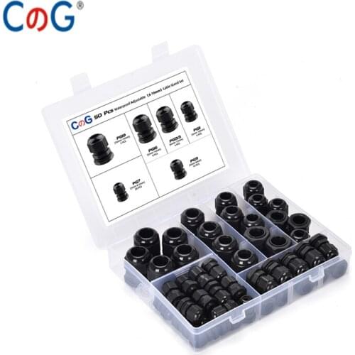 CG 50PCS Waterproof Cable Gland PG7 PG9 PG11 PG13.5 PG16 PG19 Plastic Black Cable Fixing Joint With Gasket Range For 3-15mm Set