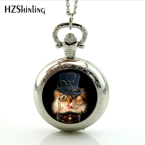 Antique bronze vintage Cat pocket watch Necklace Cat With Sunglasses STEAMPUNK CAT Watch Steampunk Pendant Cat with Monocle