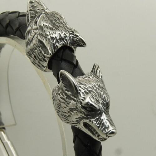Unique wolf genuine woven leather 316L stainless steel bangle bracelet new