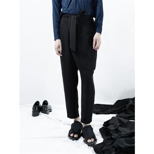 Spring and autumn new mens leisure personality elastic waist back pocket straight pants black tie loose wide leg pants