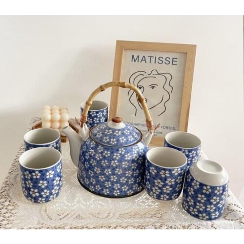 Cutelife Cute Blue Flower Ceramic Coffee Teaware With Handle Heat Resistant Chinese Tea Set Porcelain Afternoon Tea Pot Cup Set