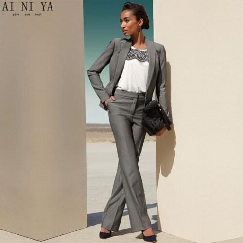 Gray OL Formal Office Uniform Designs Women Business Suits Slim Fit Female Trouser Suit Ladies Elegant Pant Suits 2 Piece Suits