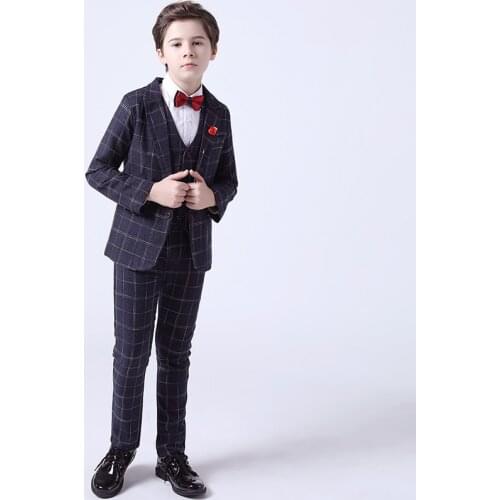 Child Formal Plaid Suit Set Flower Boys Host Performance Wedding Dress Costume Kids Blazer Vest Pants 3pcs Outfit