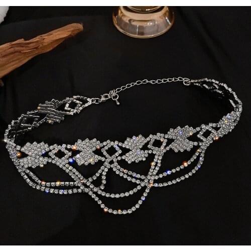 FYUAN New Hollow Geometric Crystal Choker Necklaces for Women Long Tassel Rhinestone Necklaces Weddings Jewelry