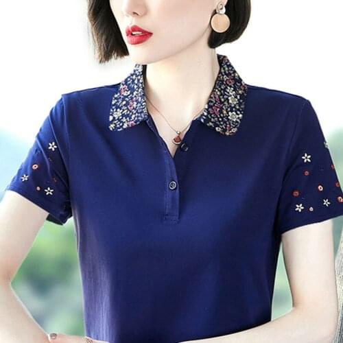 Cotton T-shirt Women POLO Shirt Middle-aged Mothers Office Wear Loose Summer Embroidery Casual Short-sleeved Female Clothes X193