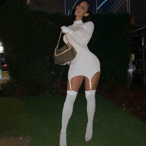 Two Piece Sets Women 2021 Autumn Solid Color Long Sleeve Bodycon Mini Dress with Garter Stockings Club Sexy Dress Sets Female