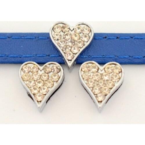 8mm Full Crystal Love Heart Slide Charms Flat Hole Metal Beads Keeper Fit 8mm Stainless Steel Mesh Bracelets DIY Jewelry Making
