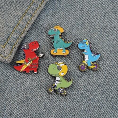 Cute Dinosaur Enamel Pins Bike Skateboard Guitar Brooches on Backpack Metal Badges for Clothes Gifts For Kids Childrens Day