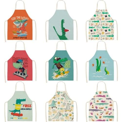 Cartoon Kitchen Aprons Unisex Linen Animal Crocodile Print Dinner Cooking Bib Funny Pinafore Cleaning Apron