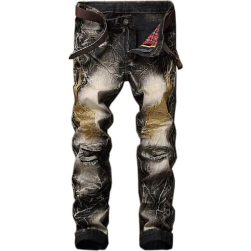 EVJSUSE spring and summer black ripped jeans men personalized embroidery wings hole denim pants high quality cotton retro jeans