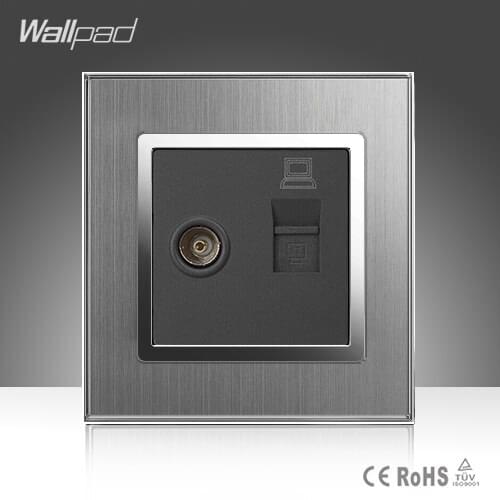 TV + Data Socket Wallpad Luxury 110-250V Brushed Metal UK EU Standard Television and Data RJ45 Lan Cable Jack Wall Socket