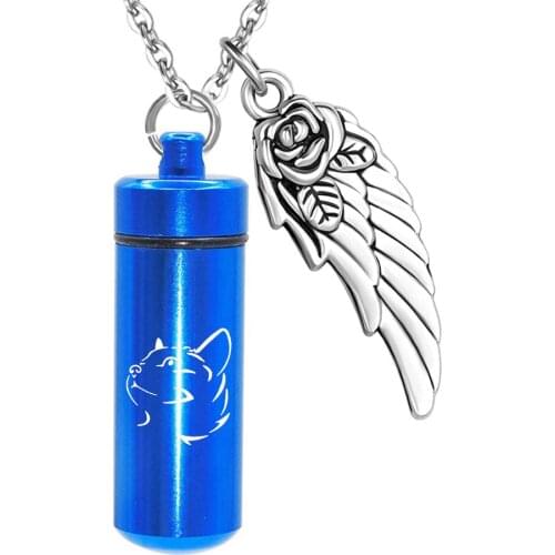 Customize Memorial Cat Keepsake Cylinder with Angel Wing Cremation Ashes Necklace Stainless Steel Chain with Funnel and Gift Bag